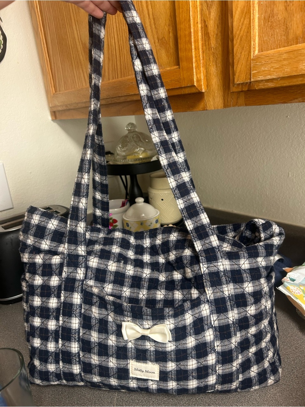 Black Plaid Quilted Tote with Bow Accent